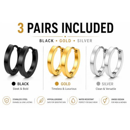3 Pairs Stainless Steel Huggie Hoop Earrings for Men and Women – Black, Gold & Silver Hinged Hoop Set – Hypoallergenic Small Clicker Earrings for Everyday Wear