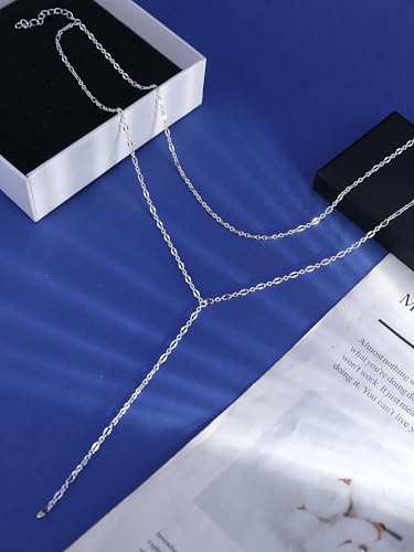 Gold Lariat Necklace for Women Layered Y Long Necklace Stainless Steel Choker Necklace Statement Necklaces Daily Prom Trendy Jewelry Gift for Women - color: Silver1