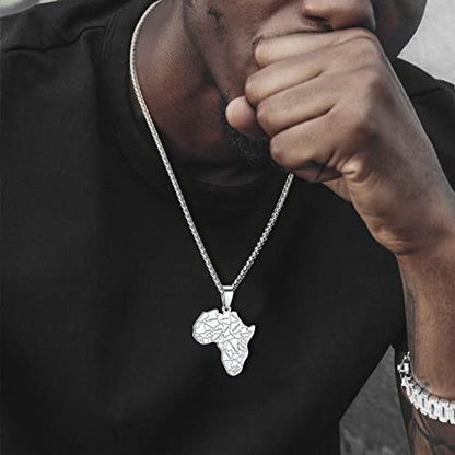 GOLDCHIC JEWELRY Africa Map Necklace for Men, Stainless Steel African Tribal/Egyptian Eye of Horus/I LOVE AFRICA/Elephant Map Hiphop Jewelry Unisex with 22'+2'Adjustable Chain - color: Africa Map - Stainless Steel, style: Personalised Engraving