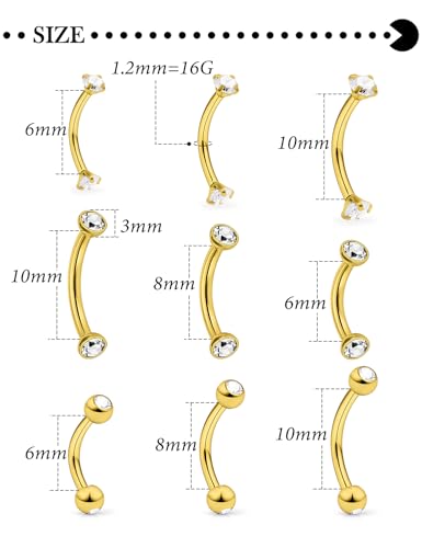 Hoeudjo Rook Piercing Jewelry Surgical Steel Eyebrow Piercing Jewelry 16g Surface Tragus Earrings Curved Barbell Daith Eyebrow Rings for Women Different Length 6/8/10mm - color: gold-tone,length 6/8/10mm