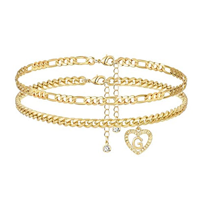 YANODA Initial Ankle Bracelets for Women 14K Gold Plated Layered Figaro Cuban Chain Letter Initial Anklets Handmade Letter A-Z Gold Anklets for Women Foot Jewelry Gifts - color: G