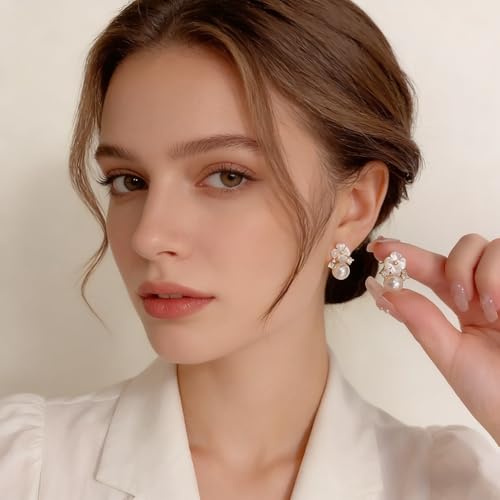 Elegant Pearl Flower Earrings for Women,Sparkling Crystal Studs & Lightweight Dangle Earrings,Hypoallergenic Floral Jewelry Perfect for Daily Wear,Office & Special Occasions