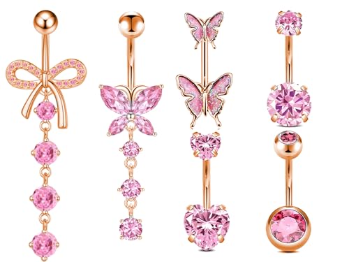 Belly Button Ring Surgical Stainless Steel Belly Button Rings for Women Pink Piercing Jewelry Dangling Belly Ring Pack - color: Rose gold