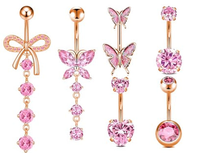 Belly Button Ring Surgical Stainless Steel Belly Button Rings for Women Pink Piercing Jewelry Dangling Belly Ring Pack - color: Rose gold