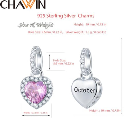 CHAWIN Birthstone Charms, 925 Sterling Silver Heart Dangle Charm, Sparkling CZ Compatible with Pandora Charm Bracelet, Necklace, Birthday Gifts for Women/Wife/Mother - style: 10# October