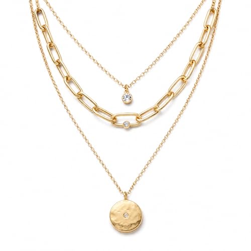 3 Pcs Layered Necklaces for Women, Stackable Statement Jewelry | Trendy stackable jewelry set! 3 separate lightweight chains. Perfect statement gift for women to elevate any daily outfits. - color: Yellow Gold (Coin Stack)