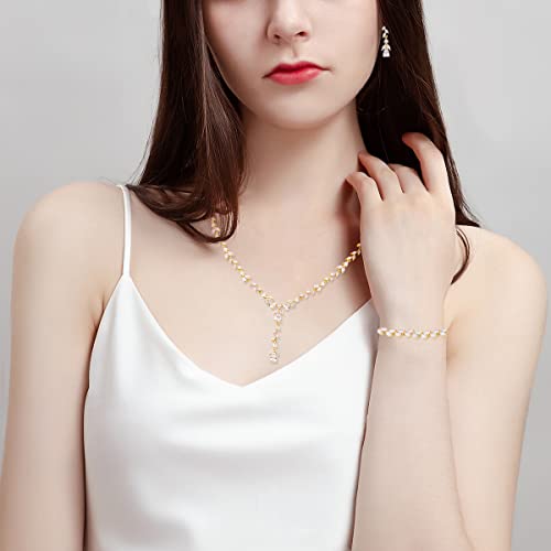 Bridal Wedding Jewelry CZ Set Marquise Teardrop Cubic Zirconia Pendant Necklace and Dangle Earring Bracelet Sets for Women - color: Gold plated - 03