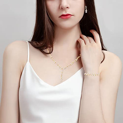 Bridal Wedding Jewelry CZ Set Marquise Teardrop Cubic Zirconia Pendant Necklace and Dangle Earring Bracelet Sets for Women - color: Gold plated - 03