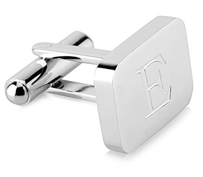 18K White-Gold Plated Initial Engraved Stainless Steel Men’s Cufflinks With Gift Box -Personalized Alphabet Letter’s A-Z By Lux & Pair - style: E- White Gold