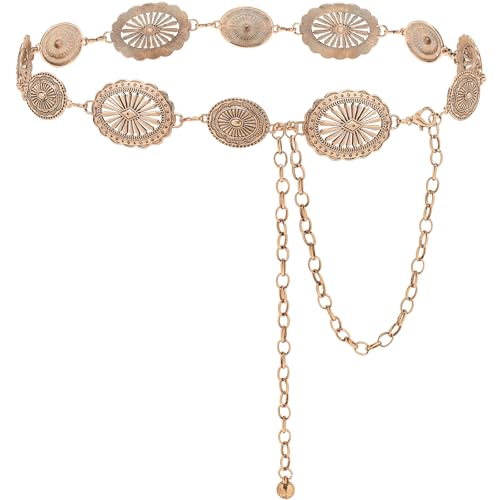 NEOREAL Western Chain Metal Belt for Women Girls Waist Belts Cowgirl Cowboy Link for Jeans Dresses Concert - color: Dflower-bronze, size: Fit Waist Size 28-35 in