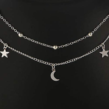 BaubleStar Star Moon Charm Necklace Layering Chain Choker for Women - color: Silver