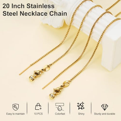 Crisjanggo 10 Pcs Stainless Steel Adjustable Necklace Chains 20 Inch Gold Plated 1 mm Thin Chain Bulk with Rubber Stopper for Jewelry Making - color: Gold Box