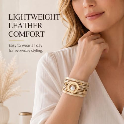 Edoneery Leather Wrap Bracelets for Women, Boho Layered Cuff Bangle | Multi-layer leather cuff, daily wear, stackable bangle, easy on-off, western jewelry gifts for women - color: Gold-4