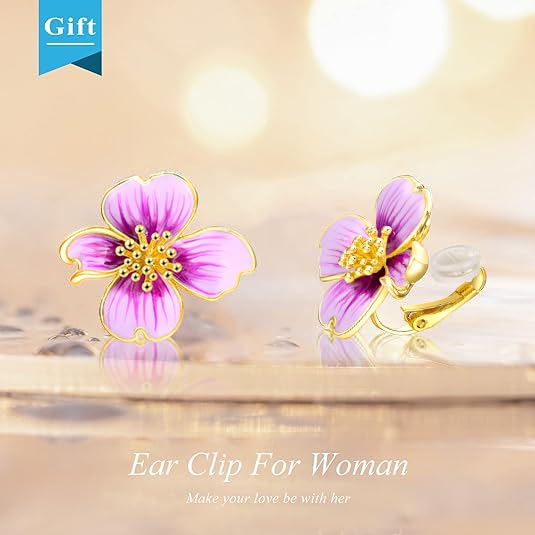 Clip on Earrings Women, 14K Gold Plated Earrings for Sensitive Ears, Fashion Women's Earrings Jewelry Birthday Gift for Wife Grandma Daughter Girls on Christmas Thanksgiving - color: Cherry Blossom Purple Gradient Color Earrings