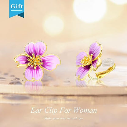 Clip on Earrings Women, 14K Gold Plated Earrings for Sensitive Ears, Fashion Women's Earrings Jewelry Birthday Gift for Wife Grandma Daughter Girls on Christmas Thanksgiving - color: Cherry Blossom Purple Gradient Color Earrings