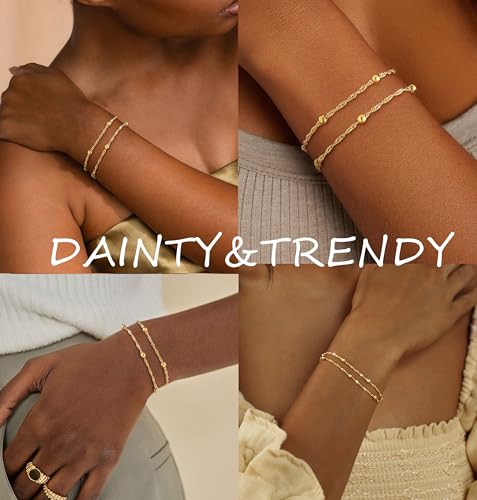 KOHOTA Silver Gold Bracelets for Women Trendy 14K Gold Plated Bracelet for Women Non Tarnish Dainty Stackable Layered Chain Heart Pearl Knot Beaded Bracelets Stack Set Charm Mothers Day Jewelry Gifts - color: D.Satellite beads-gold