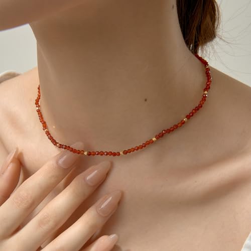 ARSIS Genuine Beaded Gemstone Necklace for Women, Colorful Natural Stone Handmade Bead Choker, Personalized Birthstone Necklace, Boho Summer Beach Necklace Layering Stackable Jewelry Gift - color: Red Agate (January)