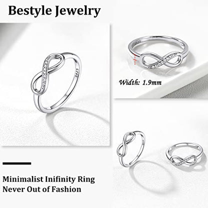 Bestyle Simple S925 Sterling Silver Infinity Rings Cubic Zirconia Rings, Nice Cute BFF Friendship Rings, Dainty Eternity Promise Wedding Bands Perfect Every Day Ring, Size 4-12, Words Engavable - color: 1. Silver Infinity Ring (NO custom)