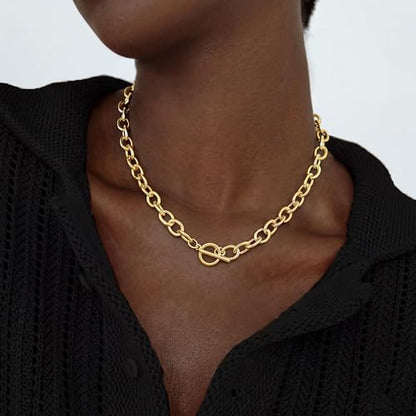 CHESKY 14K Gold Plated Chunky Necklace for Women, Trendy Toggle Clasp | Statement Pendant Necklace, Layered Paperclip Chain, Toggle Clasp Design, Thick Gold Chain, Non Tarnish Everyday Jewelry - color: gold, style: paperclip