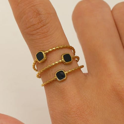 Layered Open Statement Ring Enamel Square Geometric Rings for Women Stainless Steel 18K Gold Plated Adjustable Finger Bands Stackable Comfort Fit Wedding Engagement Fashion Jewelry - color: Black