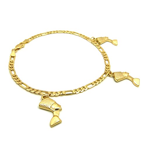Fashion 21 Women's Cross, Ankh, Queen Nefertiti Piece 10 inches Figaro Chain Anklet Foot Bracelet in Gold Tone - style: 3 Nefertiti Charms/ Figaro