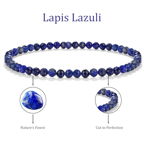 Natural Faceted Crystal Bracelet for Women,4mm Gemstone Round Beads Bracelets Adjustable Stretchy Healing Crystal Beads Bracelets Dainty Jewelry Gift - color: Lapis Lazuli