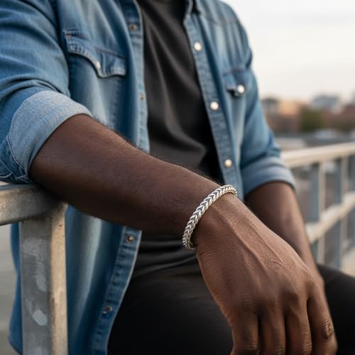 18K Gold-Plated Bracelets for Men Franco Link Chain Adjustable | Stainless Steel Bracelet, Gold Beads Bracelet, Handcrafted Braided, Mens Jewelry Birthday Gift for Men - color: Silver with Grey