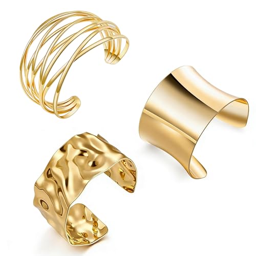 3PCS Gold Chunky Cuff Bracelets for Women Irregular Minimalist Statement Bangle Bracelets Set Open Wide Bangle Arm Cuff Upper Arm Punk Jewelry - color: 3PCS Bracelet Style 1