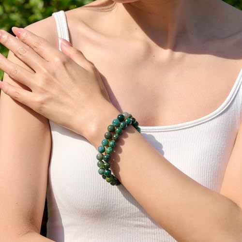 Bivei Natural Crystals Gemstone Healing Stretchy Round Beaded Bracelet | 8MM Semi Precious Beads Bracelet, Handmade Spiritual Jewelry Gift for Women Men,Enhance Positive Energy - color: 8mm Moss Agate & African Turquoise (Peace & Prosperity), size: Small: