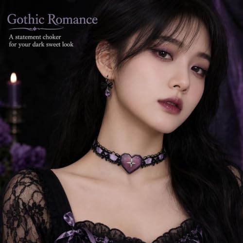 Halloween Gothic Choker Necklace for Women Black Lace Choker Purple Heart Pendant Adjustable Halloween Costume Jewelry Party Accessories - color: B: pink lace