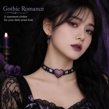 Halloween Gothic Choker Necklace for Women Black Lace Choker Purple Heart Pendant Adjustable Halloween Costume Jewelry Party Accessories - color: B: pink lace