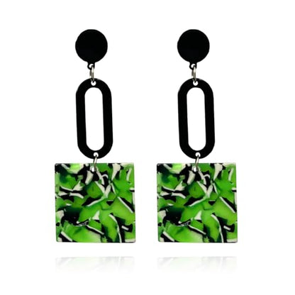 Retro Trendy Acrylic Multicolor Mottled Geometric Drop Earrings | Statement Dangle Jewelry for Women - color: green