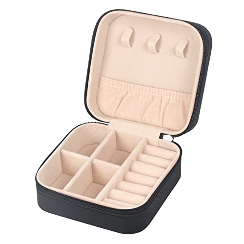 MFXIP Travel Jewelry Case Small Jewelry Box Jewelry Organizer Storage Case Portable PU Leather Mini Jewelry Travel Case for Girls Womens Earring, Necklace, Rings,Bracelets - color: Black