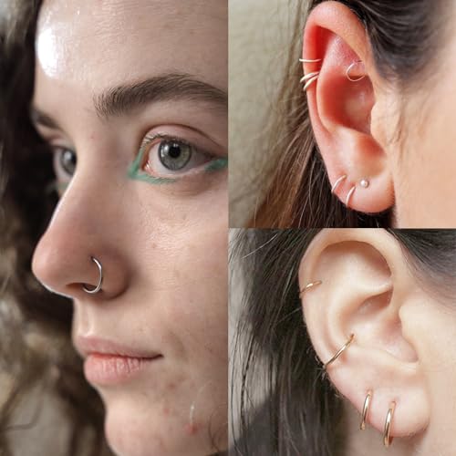 20G 18G 16G Titanium Nose Ring Hoop, Cartilage Hoop Earrings for Women Men Silver Gold Nose Ring Septum Ring Tragus Conch Helix Daith Lip Piercing Jewelry 6mm/7mm/8mm/9mm/10mm - color: Silver-18g, style: 7mm