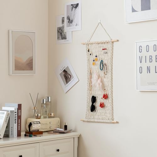 Hanging Jewelry Mesh Organizer with 20 Pieces S Shape Hooks | Macrame,Wall Mounted,Necklaces Storage,Earring Display Rack,Girls Hair Clips Hanger,for Bracelets and Rings, Beige - color: beige