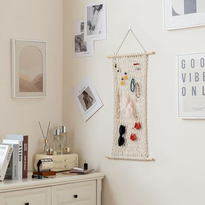 Hanging Jewelry Mesh Organizer with 20 Pieces S Shape Hooks | Macrame,Wall Mounted,Necklaces Storage,Earring Display Rack,Girls Hair Clips Hanger,for Bracelets and Rings, Beige - color: beige