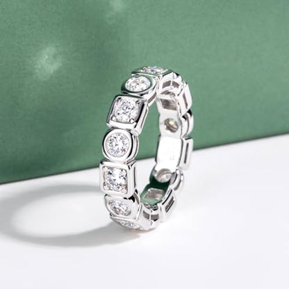 Moissanite Eternity Ring, S925 Sterling Silver Wedding Band for Women - style: Geometric Bezel Eternity Band