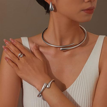 4 Pcs Chunky Gold Jewelry Set for Women, 14K Gold Plated Cuff Choker Collar Necklace, Teardrop Drop Earrings, Teardrop Wrap Ring, Hinged Cuff Bangle Bracelets, Statement Fashion Jewelry - color: 4 Pcs Silver Jewelry Set