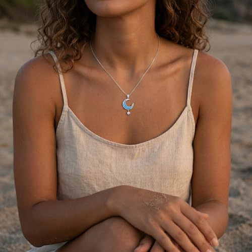 925 Sterling Silver Turquoise Moon Pendant Necklace for Women, Snake/Flower/Bow/Tree of Life/Star Moon Necklace, Dainty Jewelry for Daily Wear & Gifts - style: Style 7