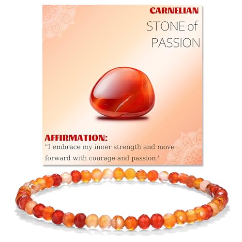 Natural Faceted Crystal Bracelet for Women,4mm Gemstone Round Beads Bracelets Adjustable Stretchy Healing Crystal Beads Bracelets Dainty Jewelry Gift - color: Carnelian