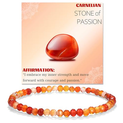 Natural Faceted Crystal Bracelet for Women,4mm Gemstone Round Beads Bracelets Adjustable Stretchy Healing Crystal Beads Bracelets Dainty Jewelry Gift - color: Carnelian