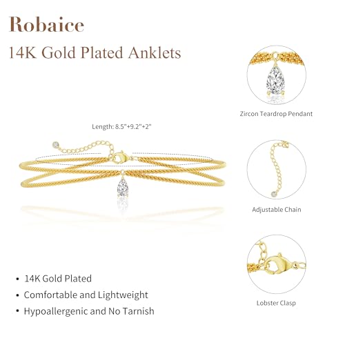 Robaice Ankle Bracelets for Women, 14K Gold Plated/Silver Layered Anklets | Waterproof Adjustable Anklet for Women, Summer Beach Anklet, Glitter Jewelry for Women Gifts - color: Gold-5