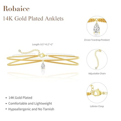 Robaice Ankle Bracelets for Women, 14K Gold Plated/Silver Layered Anklets | Waterproof Adjustable Anklet for Women, Summer Beach Anklet, Glitter Jewelry for Women Gifts - color: Gold-5