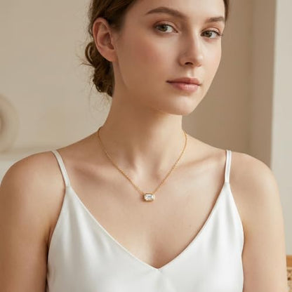 Gold Plated Emerald Cut Birthstone Necklace for Women - Horizontal East West Bar Pendant, Minimalist Everyday Jewelry, Birthday Gift for Her