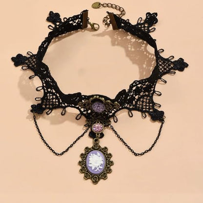 Gothic Lace Choker Necklace for Women, Pearl Sexy Tassel Adjustable Choker Necklace, Boho Halloween Jewelry for Festival Party Cosplay Costume Gifts - color: black purple Chain