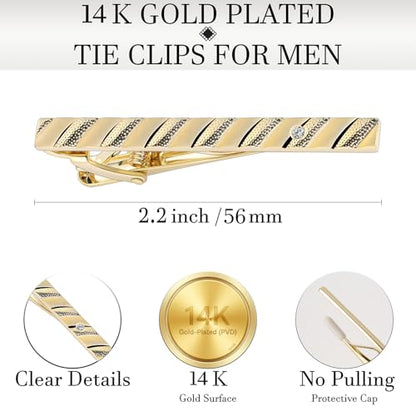HAWSON Light Gold Silver Tie Clips for Mens Necktie, Elegant Satin Tie Bars Pins Tacks, Suit Tie Accessories Business Wedding Gifts - style: Light Gold Classic 4 With Rhinestones