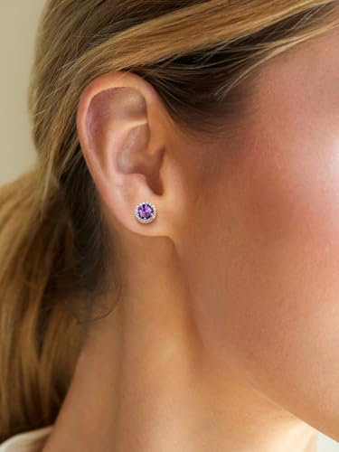 Suplight 925 Sterling Silver Birthstone Stud Earrings for Women, Round/Heart/Teardrop/Square Crystal Diamond Earrings for Women, Dainty Birthday Gifts Jewelry - color: style a-02. round-February(Created Amethyst)