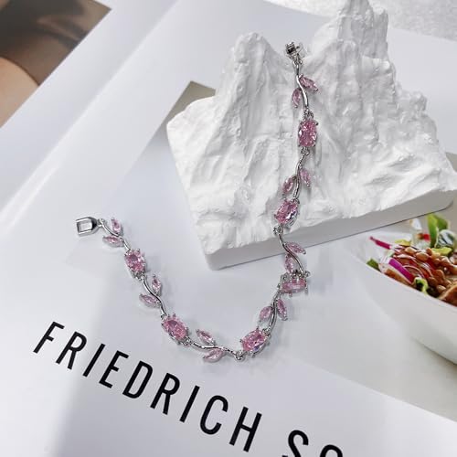 Dainty Crystal Flower Leaf Bracelet for Women Gold-Tone/Silver Plated Sparkling Oval Cz Cubic Zirconia Floral Tennis Bracelets Sweet Fine Bridal Wedding Party Prom Fashion Jewelry 7.28inch - color: Silver