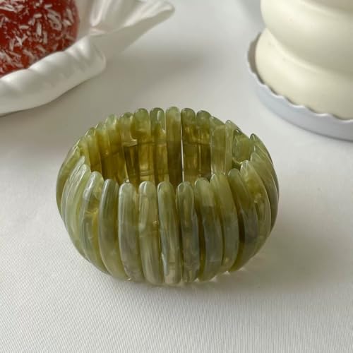 Boho Retro Acrylic Resin Stretch Bangle Bracelets Colorful Wide Chunky Irregular Geometric Tube Bead Wristband Statement Bracelet for Women Fashion Party Wedding Jewelry Gifts - color: Olive green