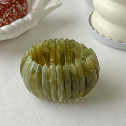 Boho Retro Acrylic Resin Stretch Bangle Bracelets Colorful Wide Chunky Irregular Geometric Tube Bead Wristband Statement Bracelet for Women Fashion Party Wedding Jewelry Gifts - color: Olive green